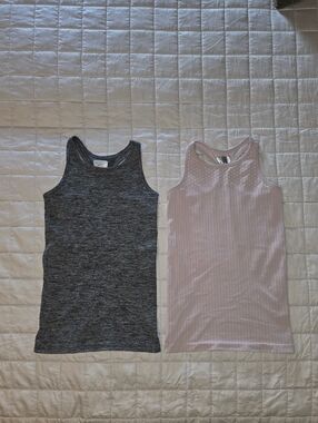 Set of Three High Neck Ribbed Tank Tops - Charcoal Gray, Pale Pink & Soft Gray